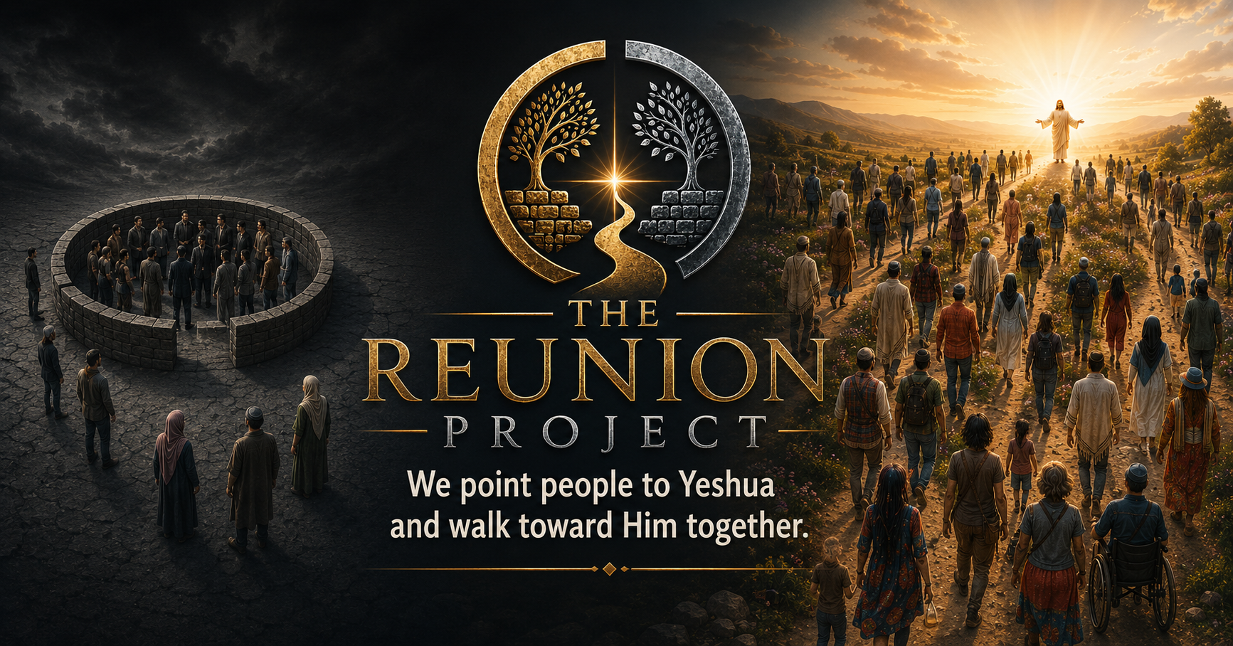 The Reunion Project: a pathway connecting two trees, with people walking toward Yeshua