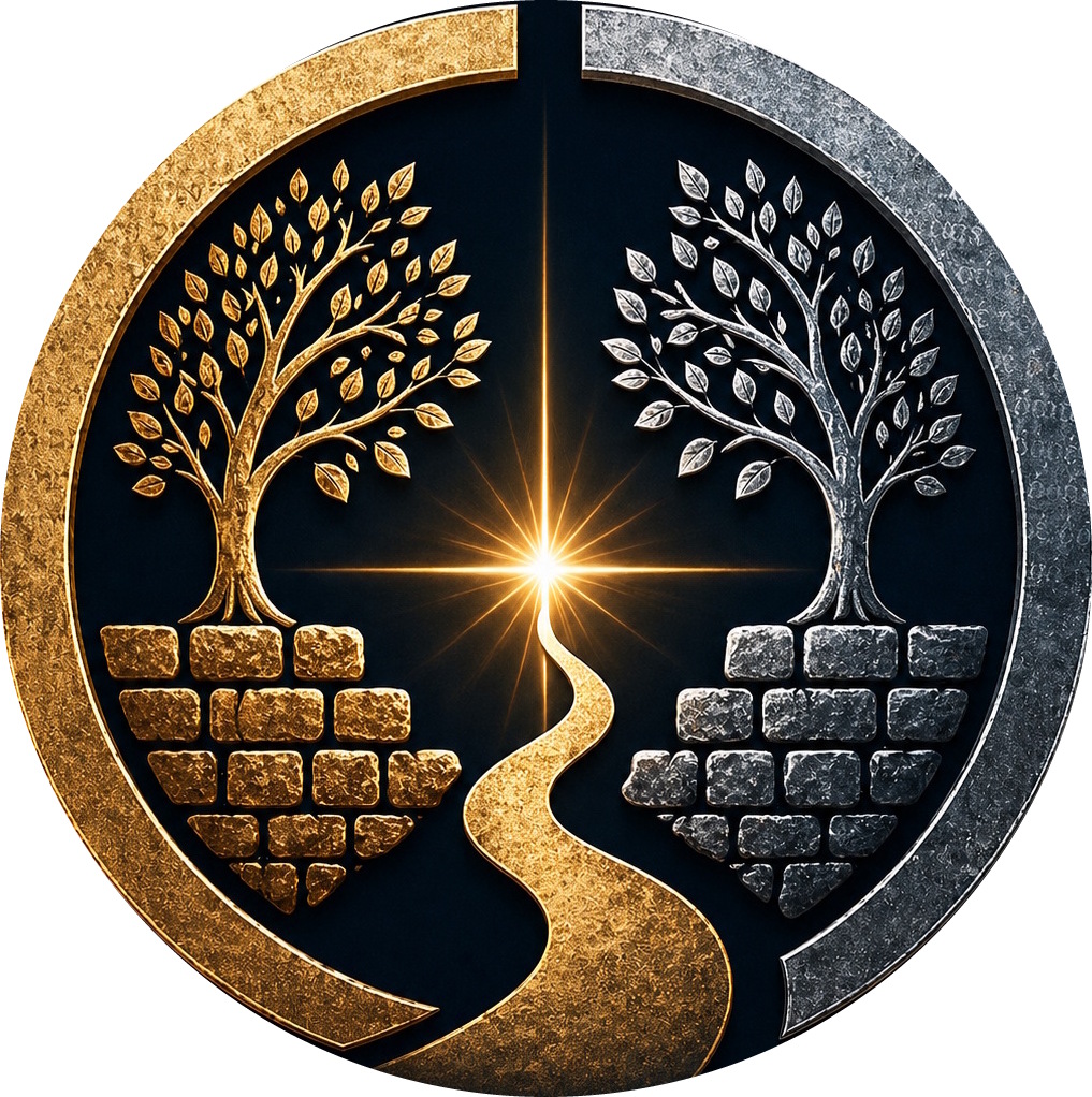 Gold and silver trees joined by a pathway of light