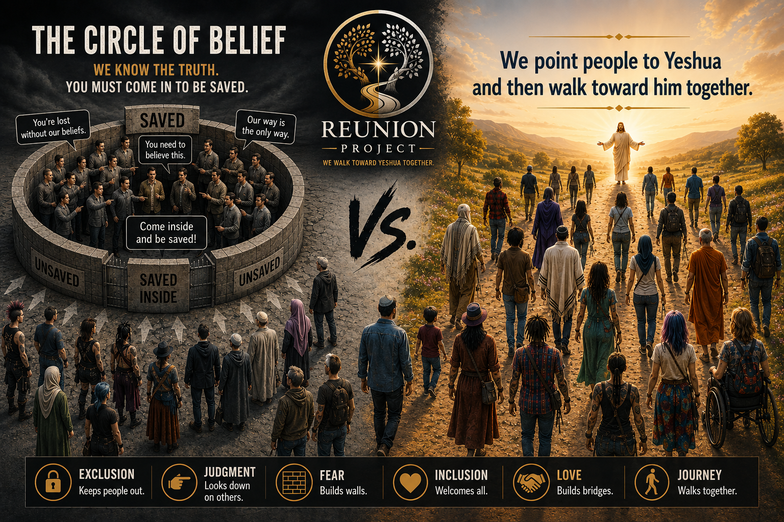The Reunion Project vision contrasts walls of exclusion with a shared journey toward Yeshua